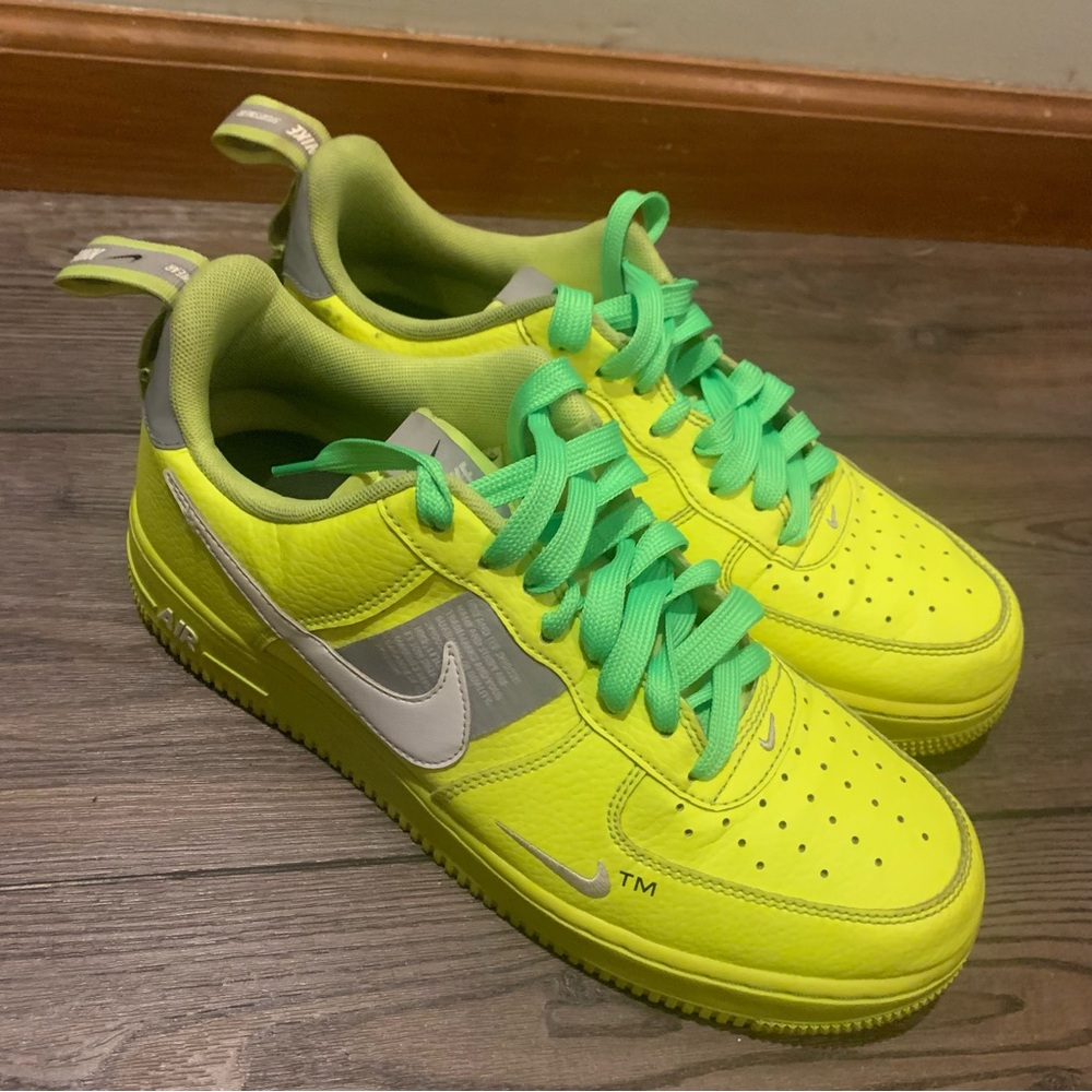 A pair of rare Nike Air Force 1 Utility Volt 2 with yellow souls.
